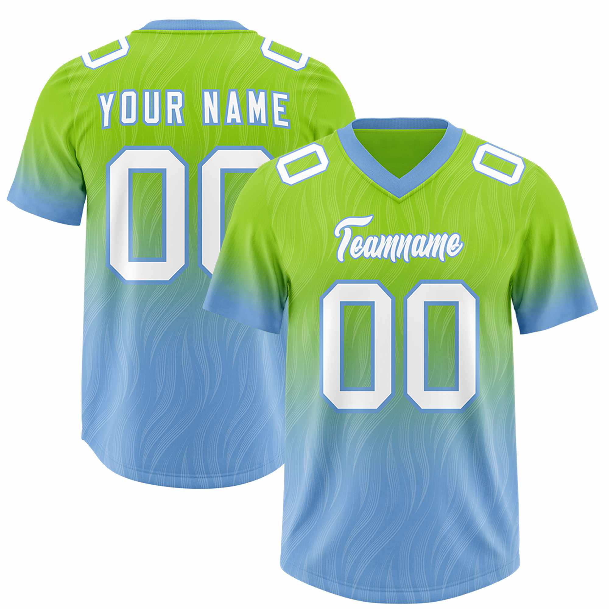 Custom Neon Green Powder Blue Gradient Fashion Outdoor Authentic American Football Jersey