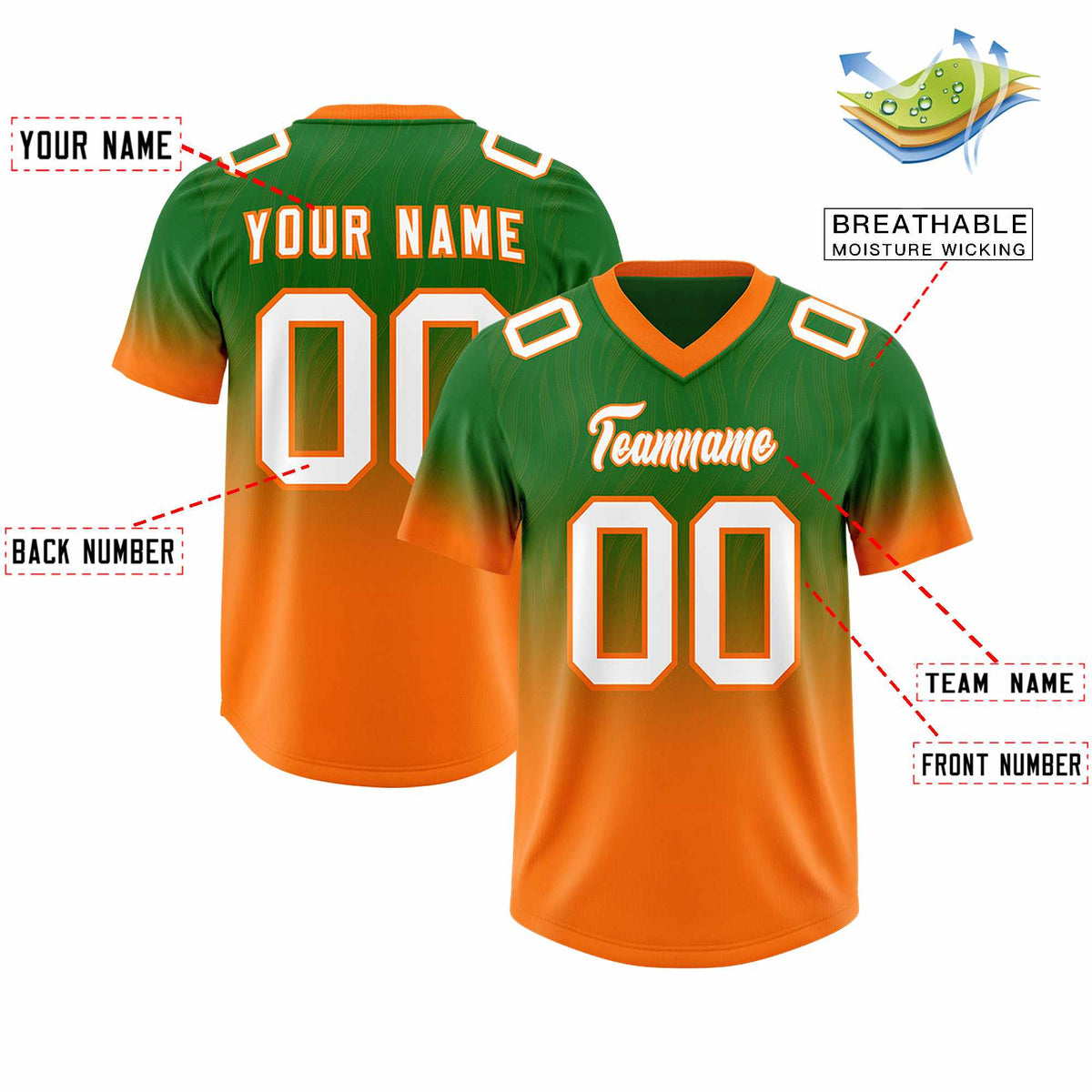 Custom Kelly Green Orange Gradient Fashion Outdoor Authentic American Football Jersey