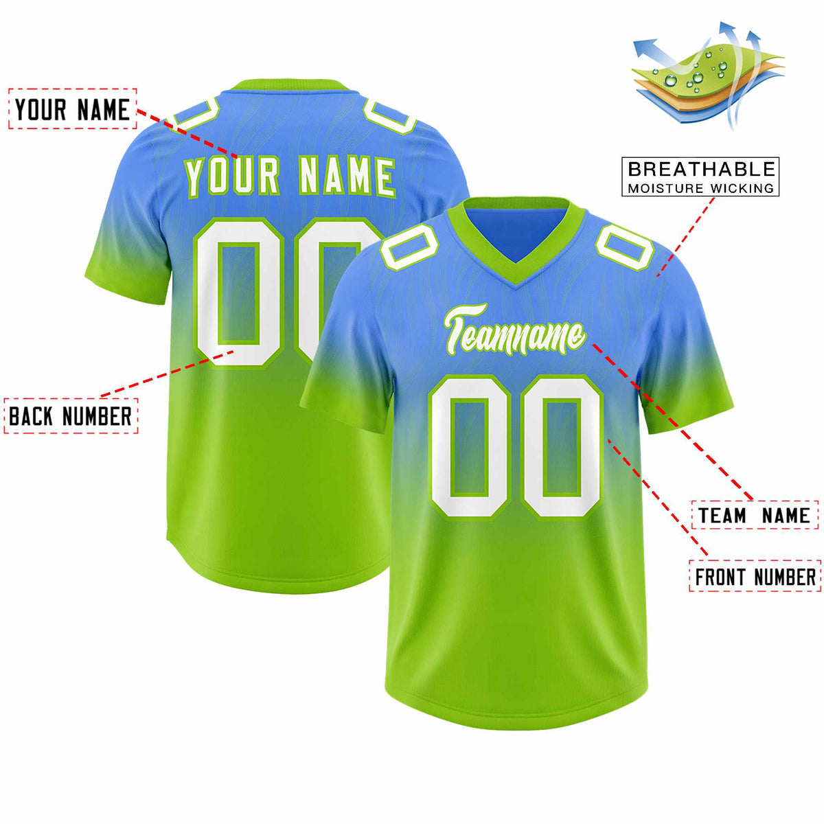 Custom Powder Blue Neon Green Gradient Fashion Outdoor Authentic American Football Jersey