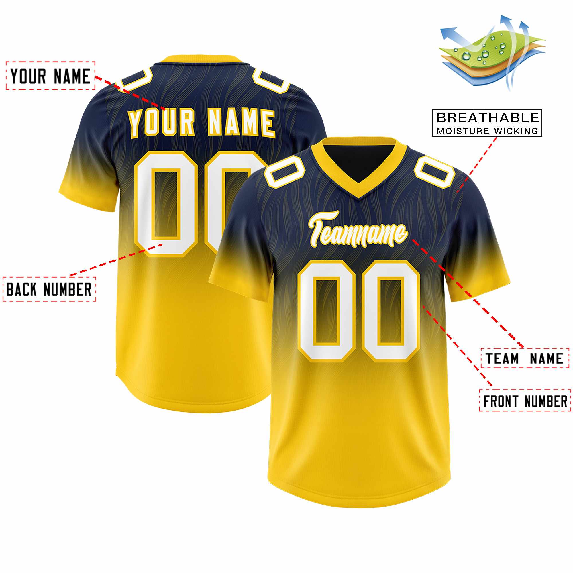 Custom Navy Gold Gradient Fashion Outdoor Authentic American Football Jersey