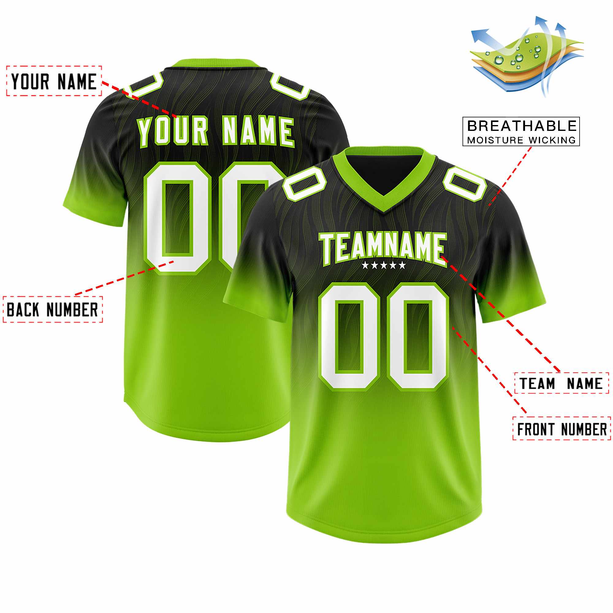 Custom Black Neon Green Gradient Fashion Outdoor Authentic American Football Jersey