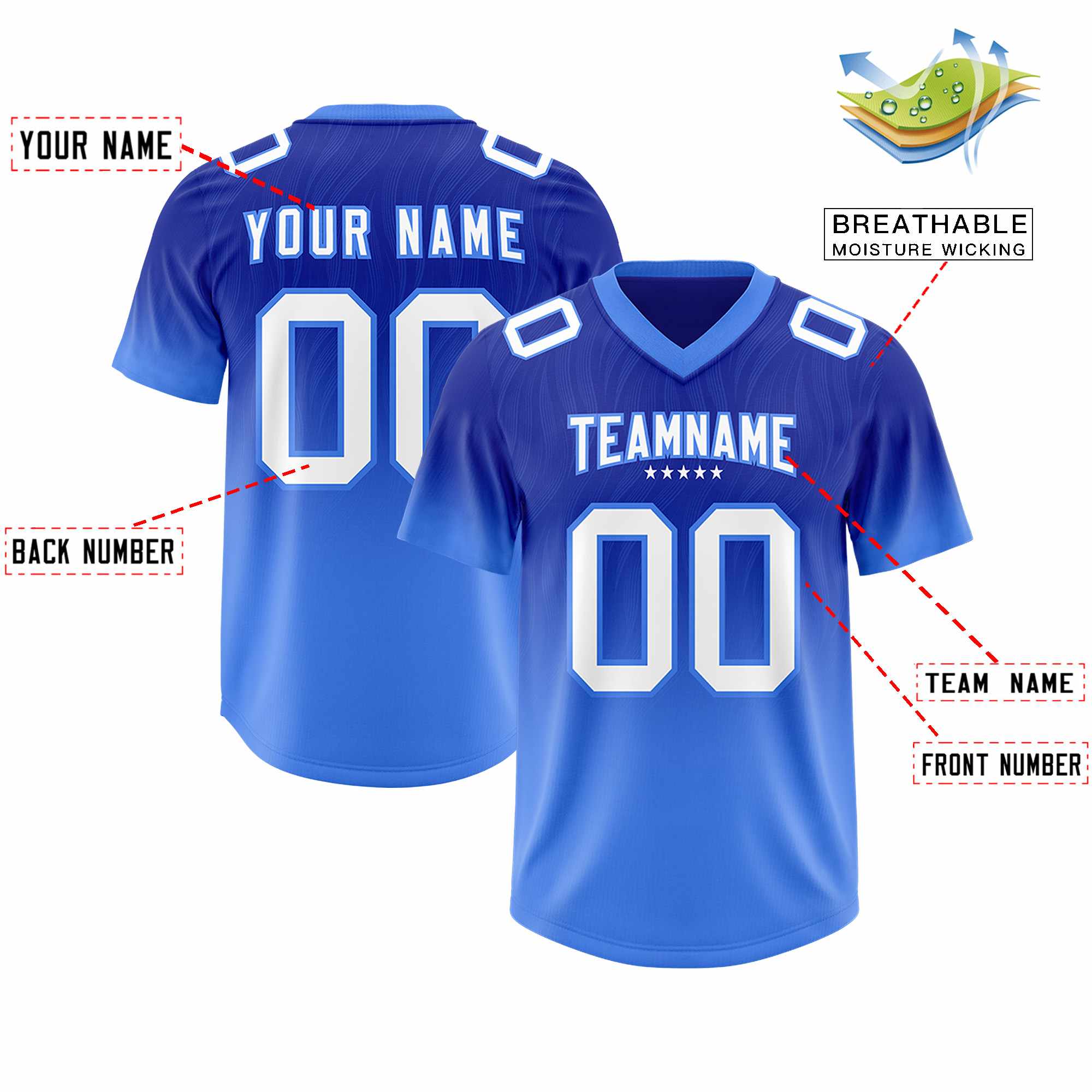 Custom Royal Powder Blue Gradient Fashion Outdoor Authentic American Football Jersey