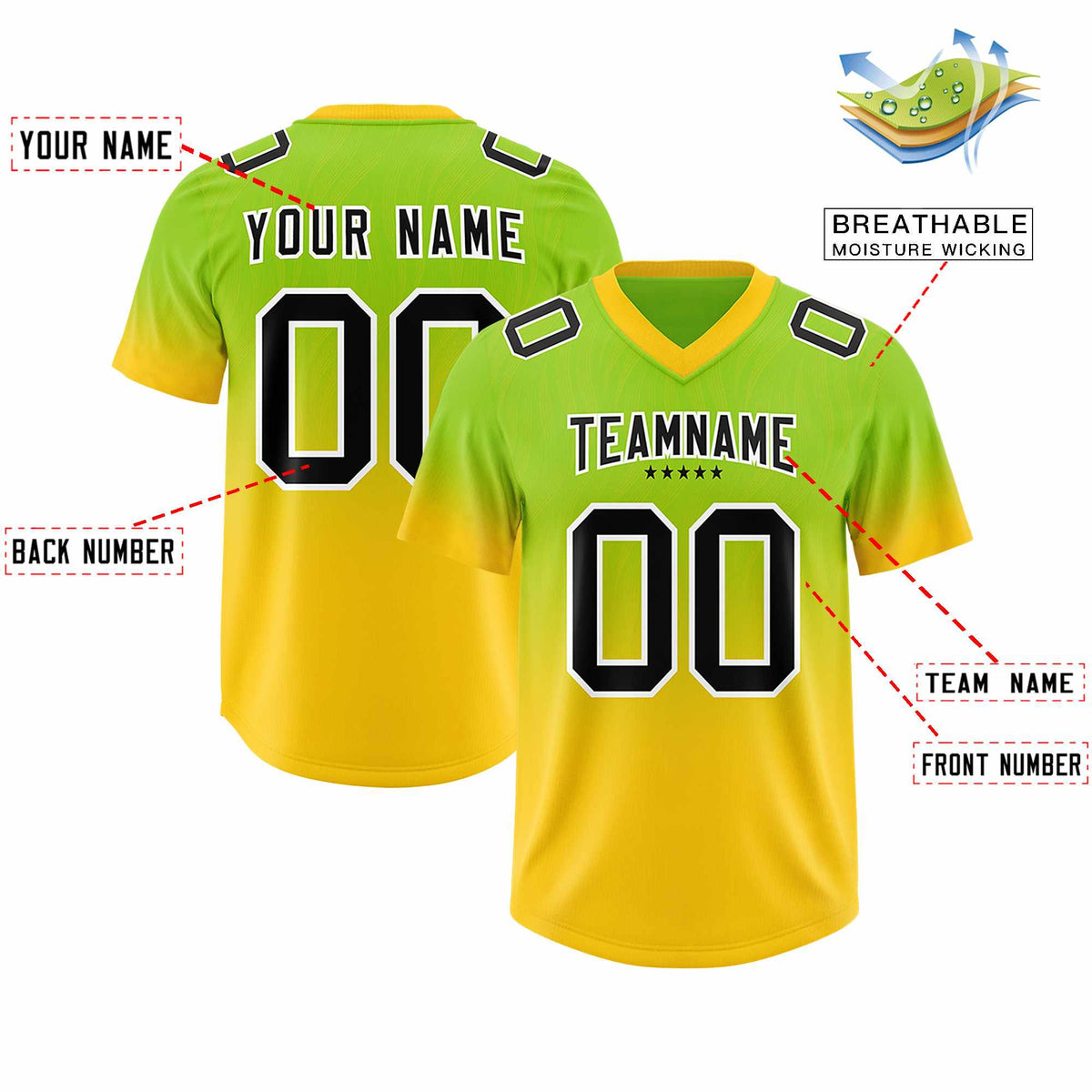 Custom Neon Green Gold Gradient Fashion Outdoor Authentic American Football Jersey