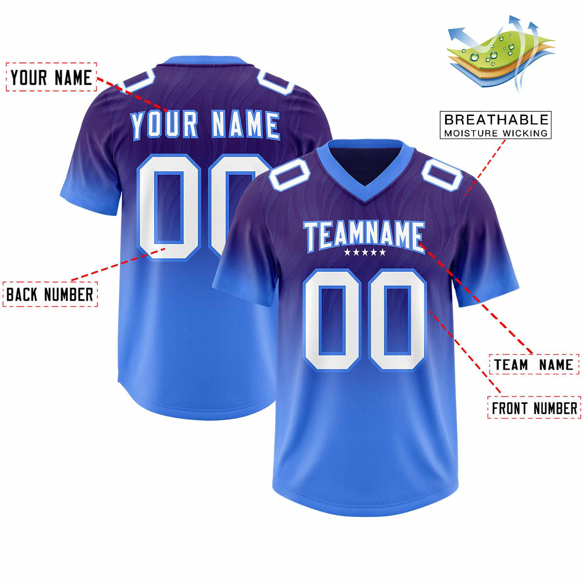 Custom Purple Powder Blue Gradient Fashion Outdoor Authentic American Football Jersey