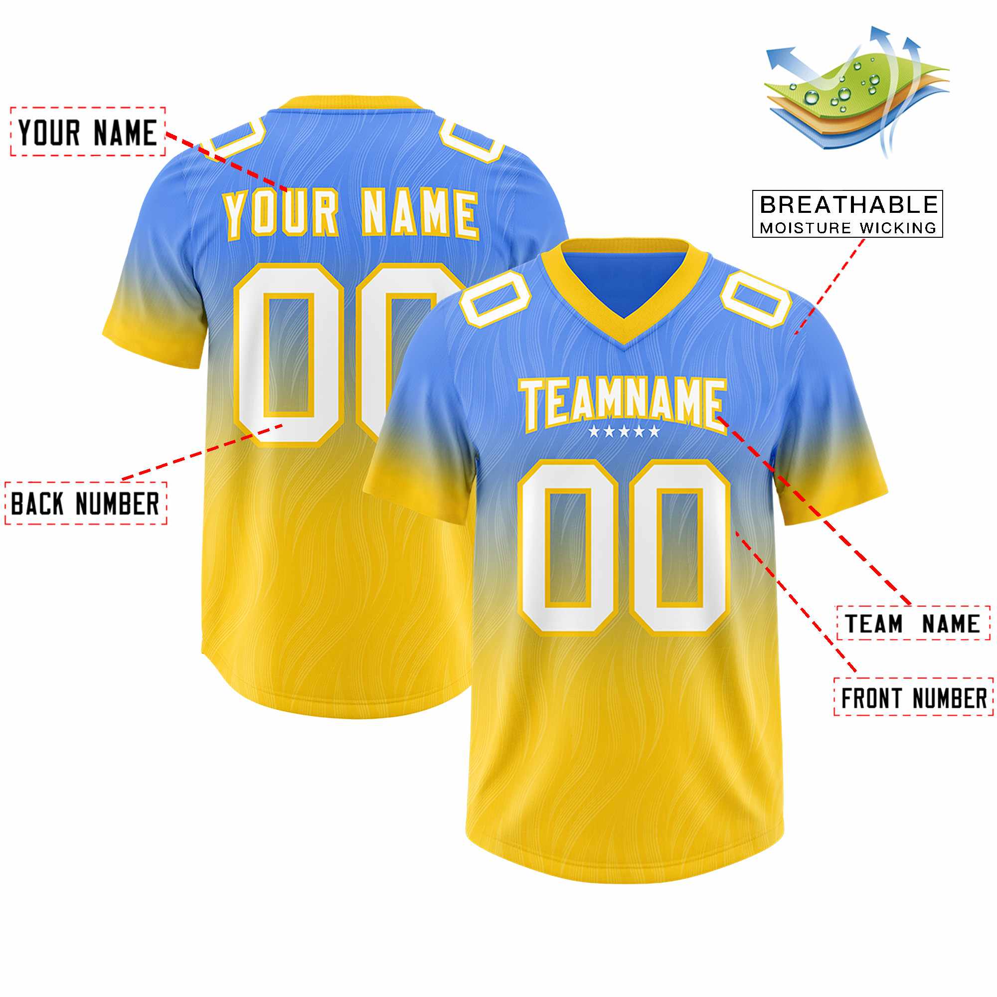 Custom Powder Blue Gold Gradient Fashion Outdoor Authentic American Football Jersey