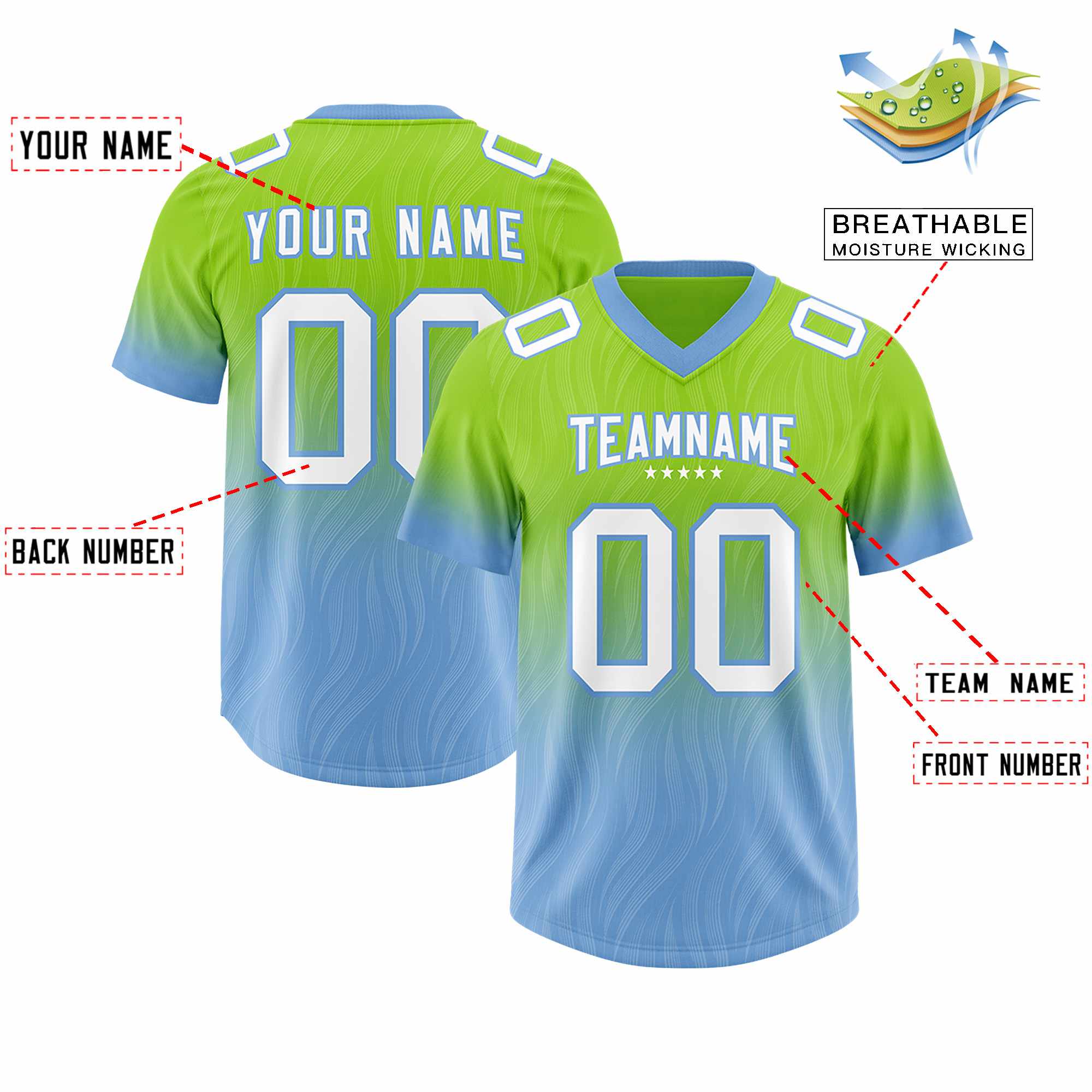 Custom Neon Green Powder Blue Gradient Fashion Outdoor Authentic American Football Jersey