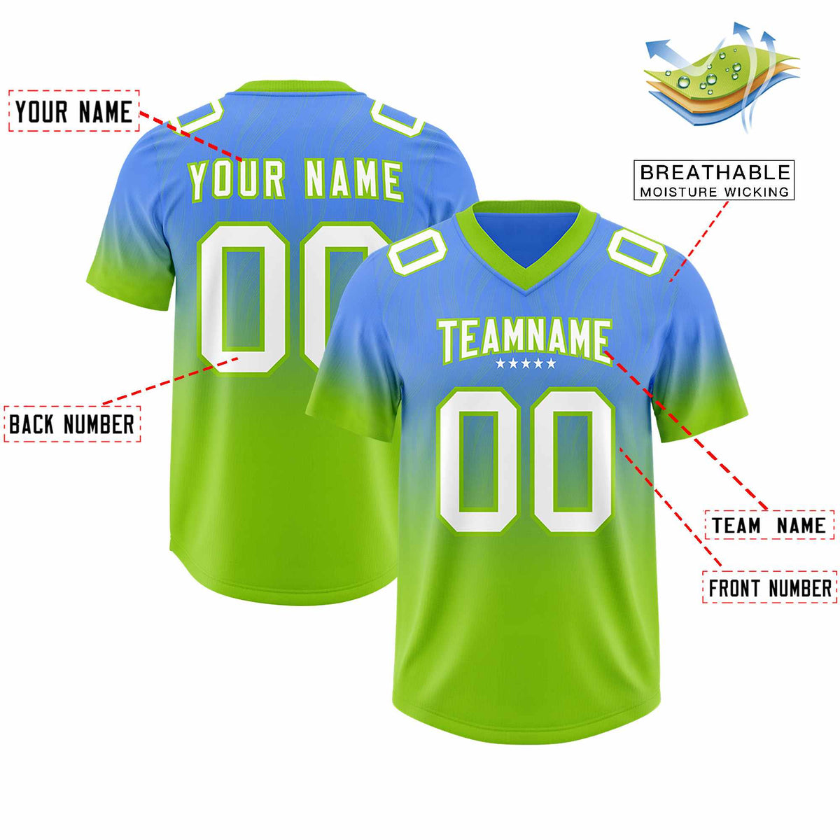 Custom Powder Blue Neon Green Gradient Fashion Outdoor Authentic American Football Jersey