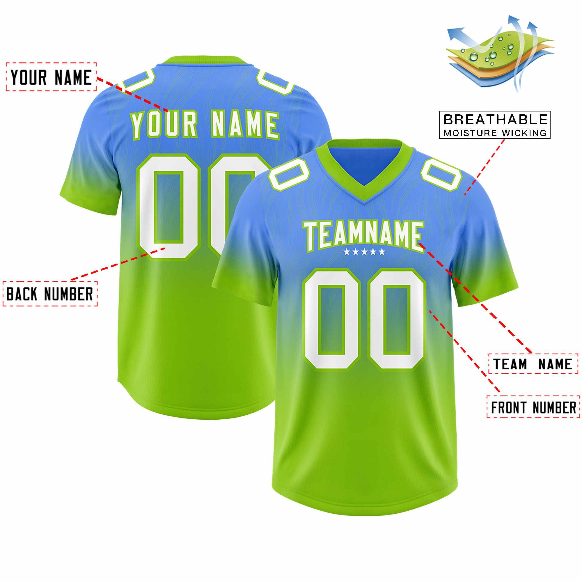 Custom Powder Blue Neon Green Gradient Fashion Outdoor Authentic American Football Jersey
