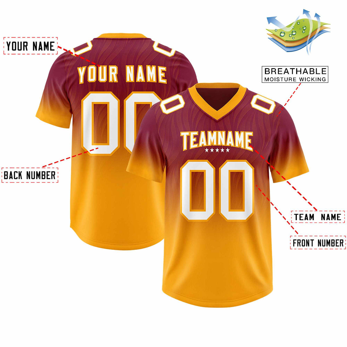 Custom Cardinal Yellow Gradient Fashion Outdoor Authentic American Football Jersey