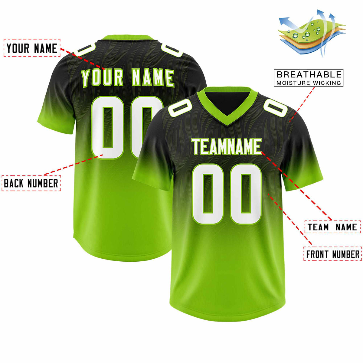 Custom Black Neon Green Gradient Fashion Outdoor Authentic American Football Jersey