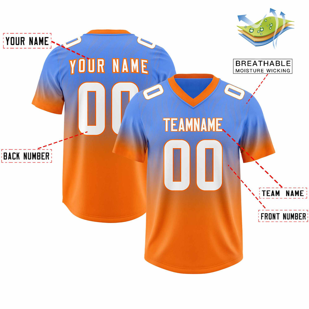 Custom Powder Blue Orange Gradient Fashion Outdoor Authentic American Football Jersey