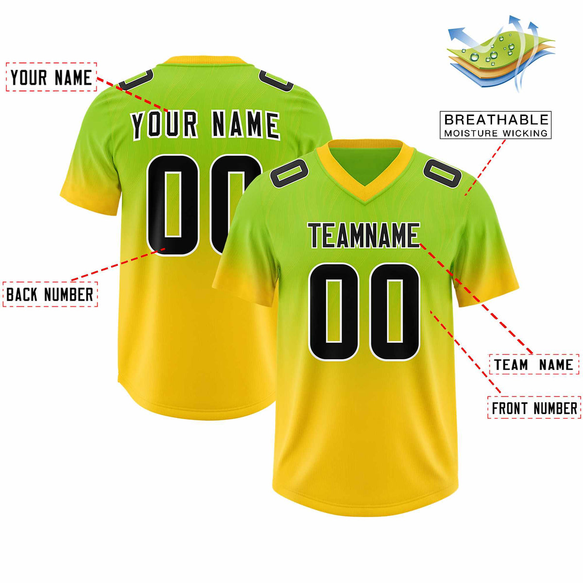 Custom Neon Green Gold Gradient Fashion Outdoor Authentic American Football Jersey