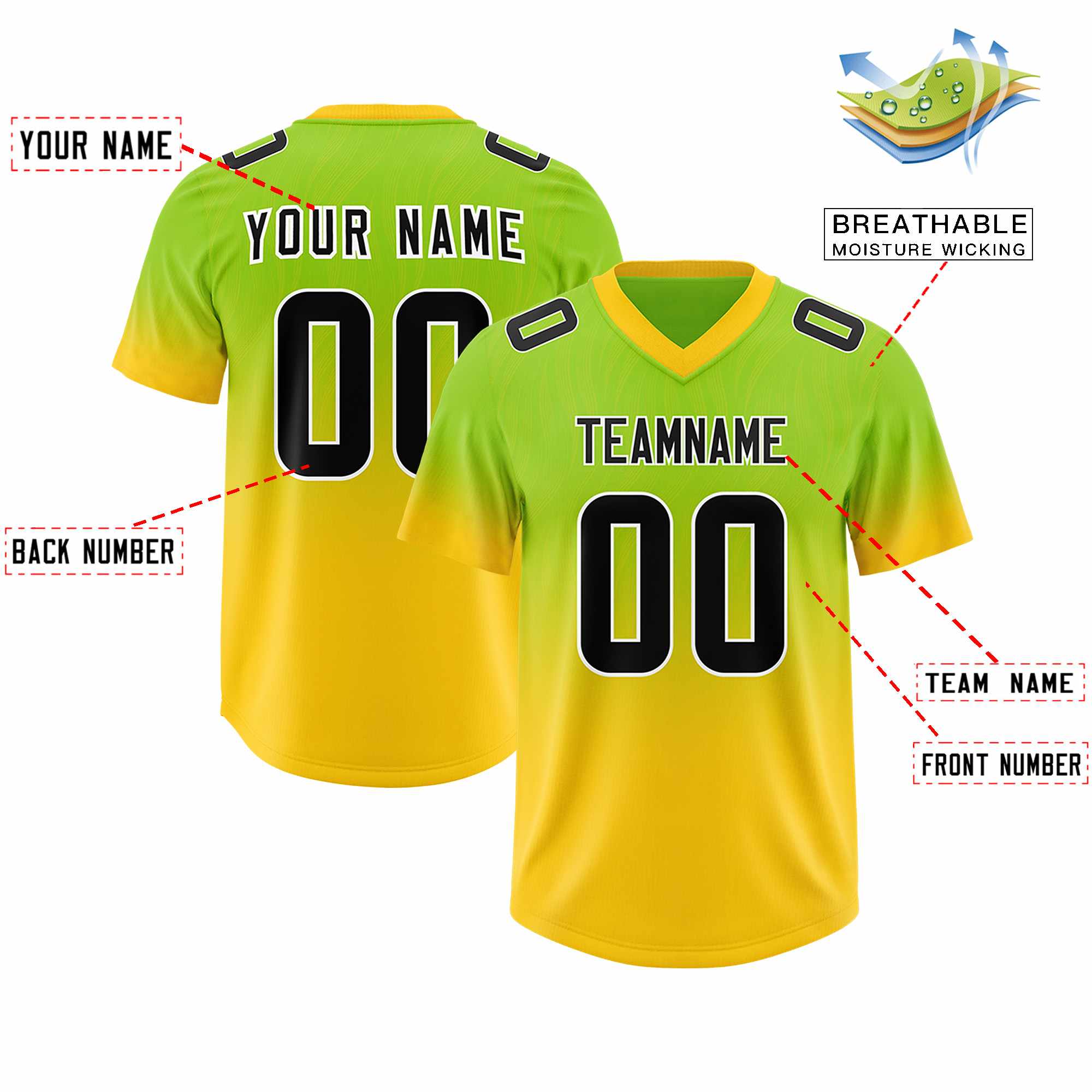 Custom Neon Green Gold Gradient Fashion Outdoor Authentic American Football Jersey