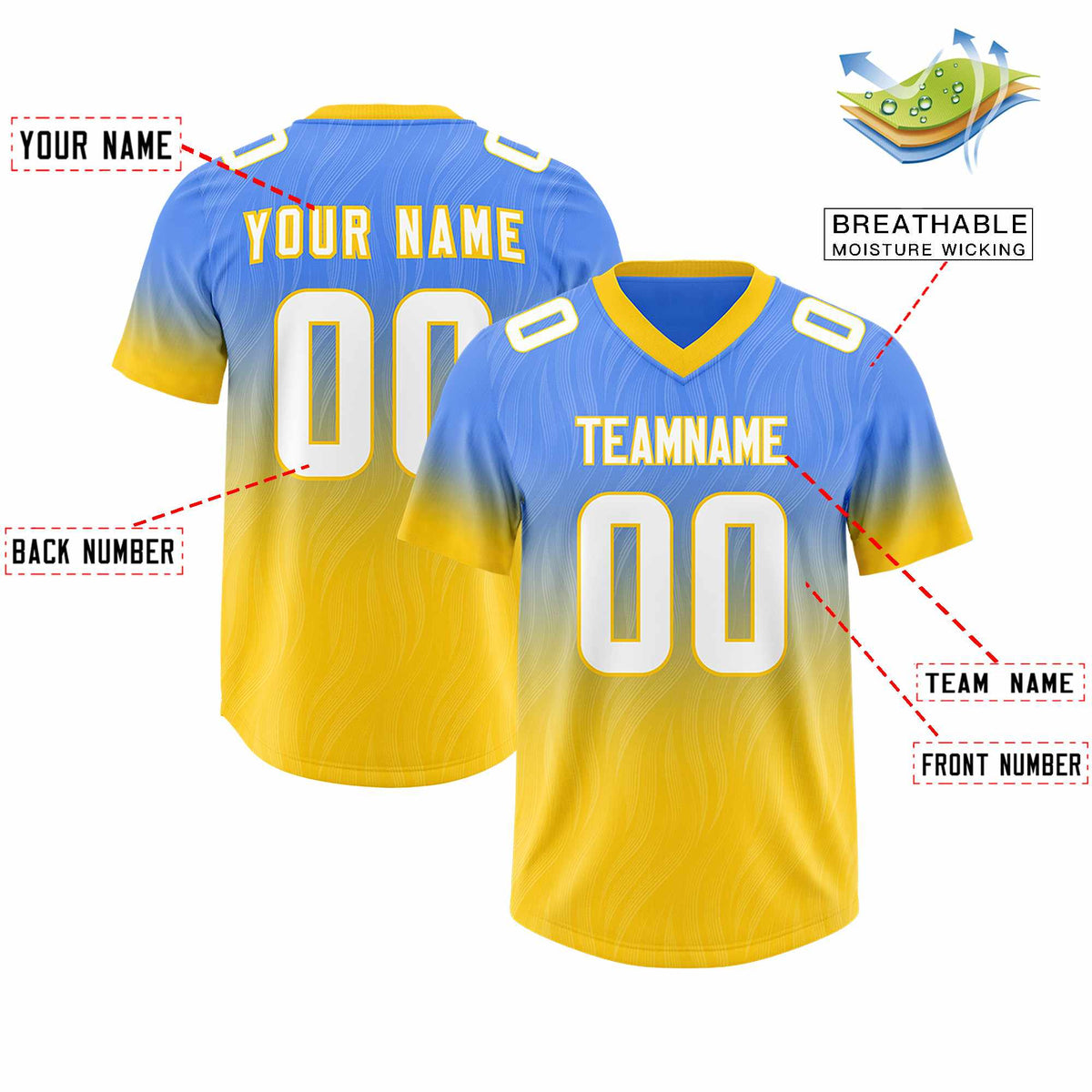 Custom Powder Blue Gold Gradient Fashion Outdoor Authentic American Football Jersey
