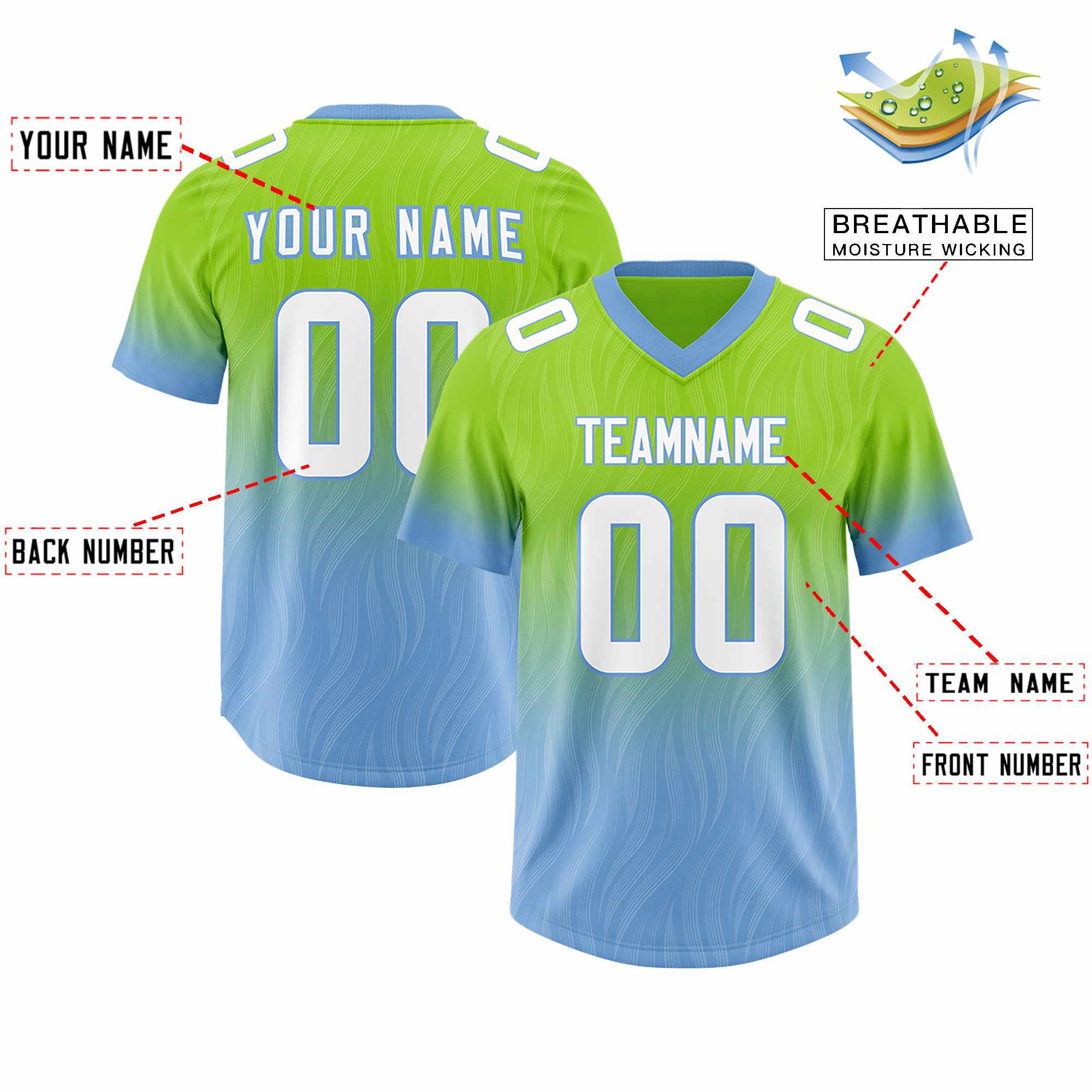 Custom Neon Green Powder Blue Gradient Fashion Outdoor Authentic American Football Jersey