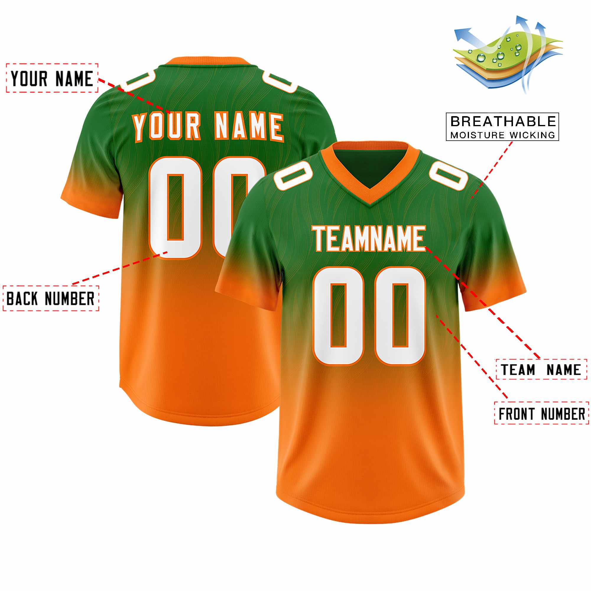 Custom Kelly Green Orange Gradient Fashion Outdoor Authentic American Football Jersey