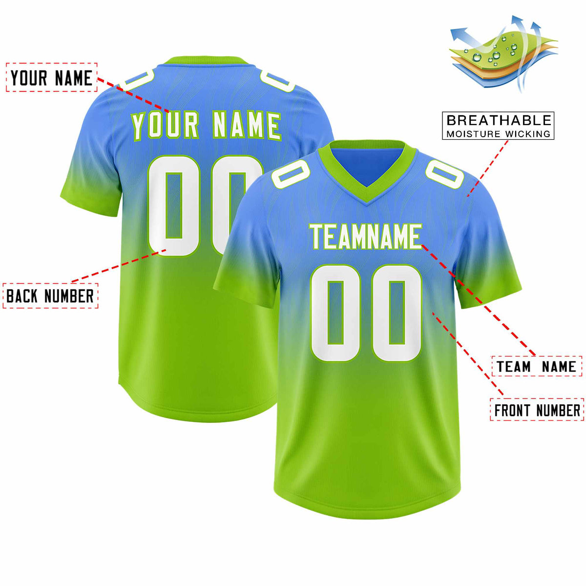 Custom Powder Blue Neon Green Gradient Fashion Outdoor Authentic American Football Jersey