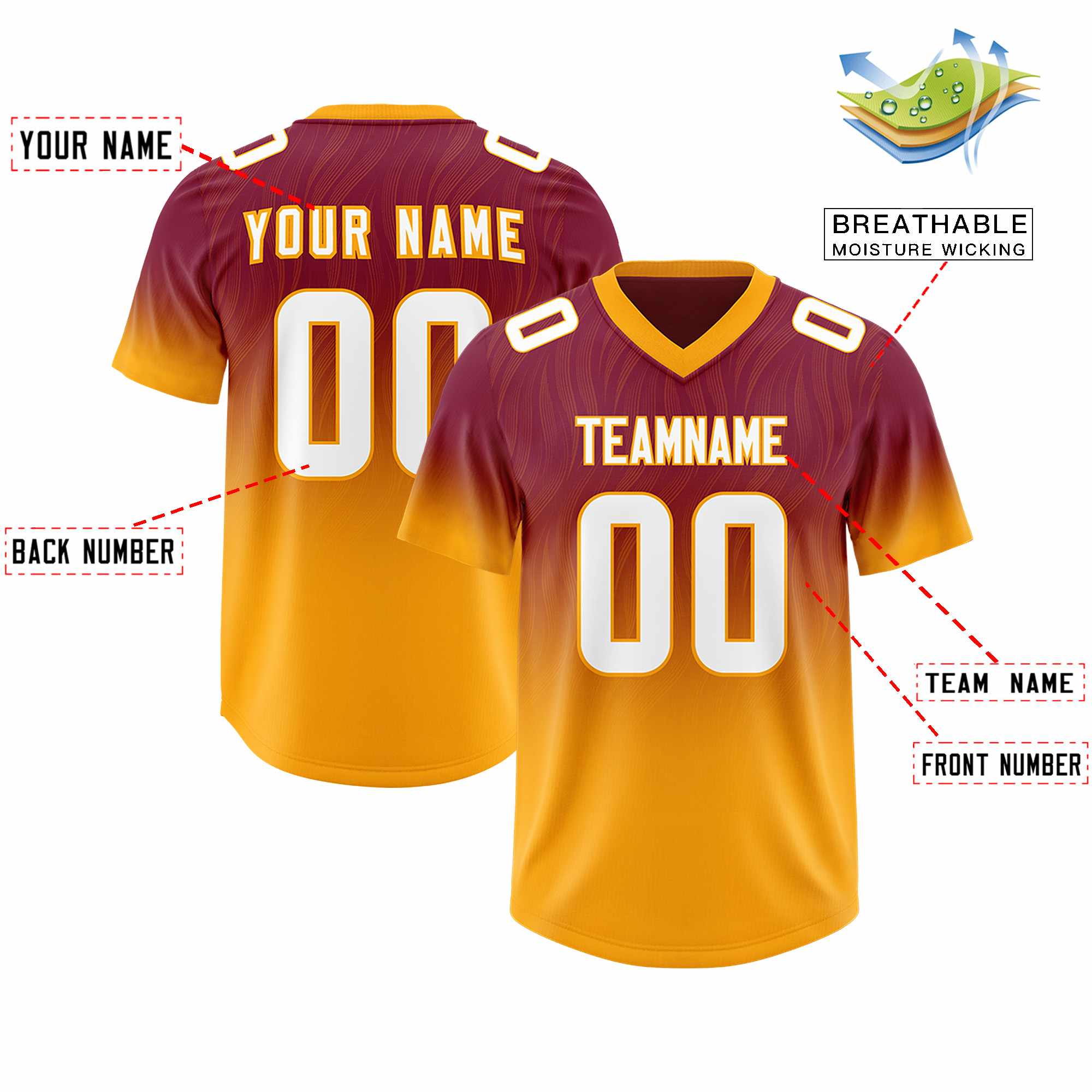 Custom Cardinal Yellow Gradient Fashion Outdoor Authentic American Football Jersey