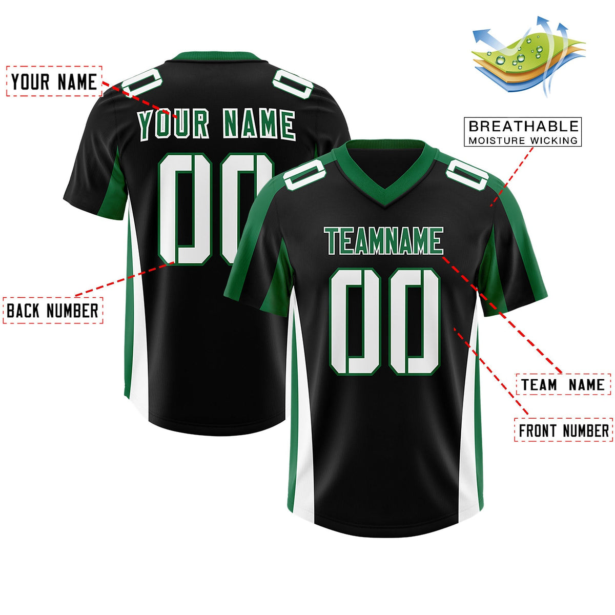 Custom Black Kelly Green Side Stripe Pattern Authentic American Football Jersey