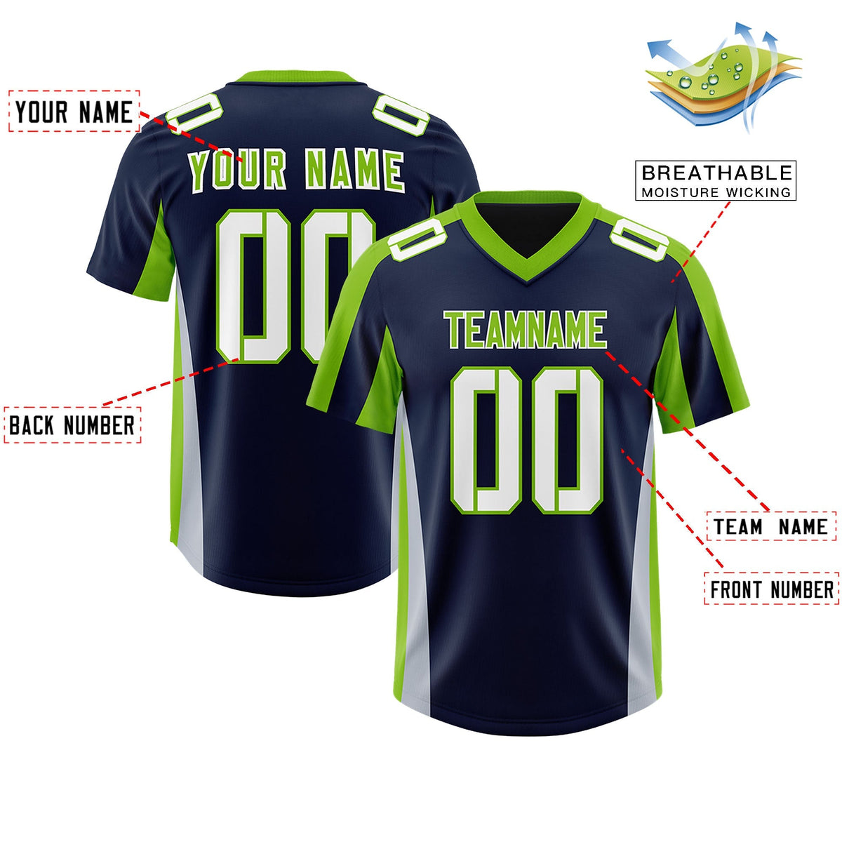 Custom Navy Neon Green Side Stripe Pattern Authentic American Football Jersey