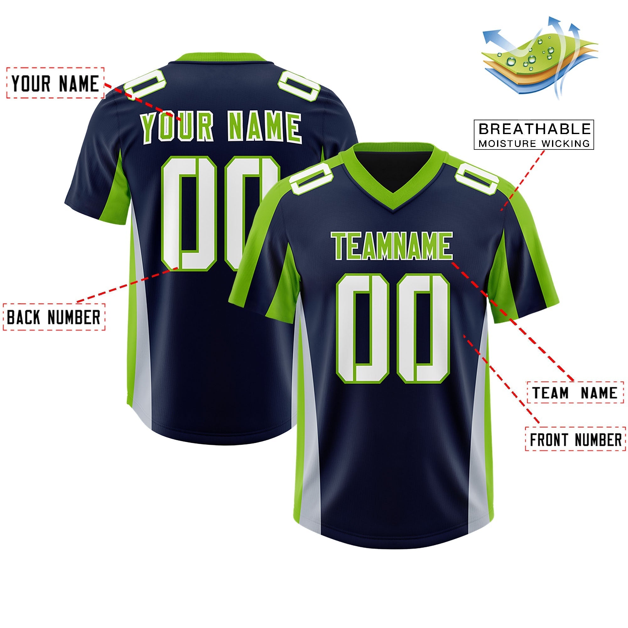 Custom Navy Neon Green Side Stripe Pattern Authentic American Football Jersey