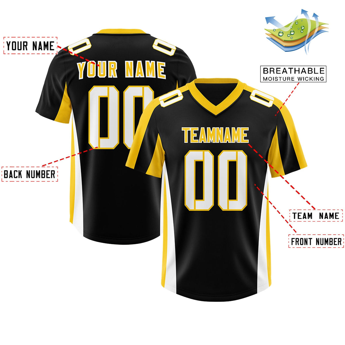 Custom Black Gold Side Stripe Pattern Authentic American Football Jersey