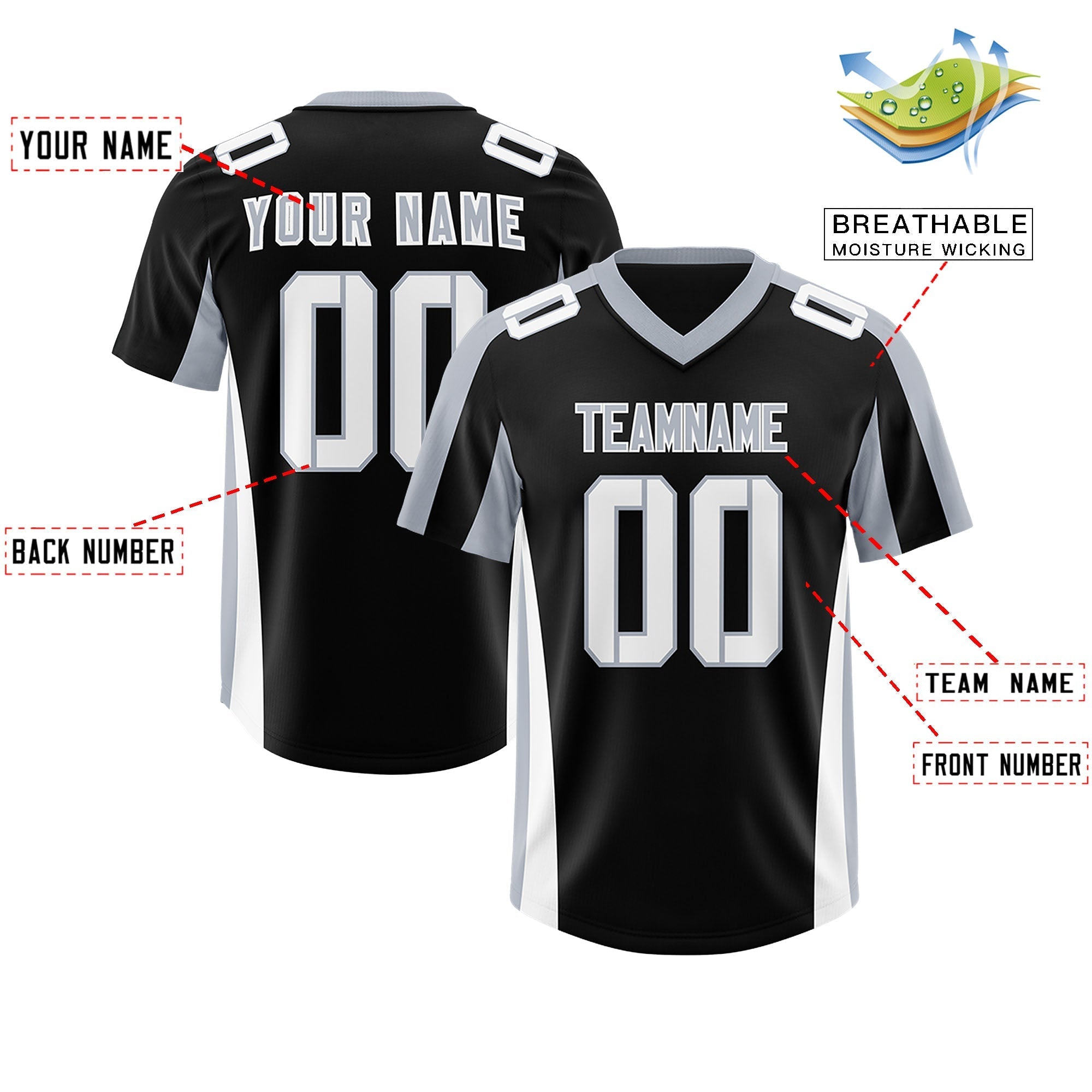 Custom Black Silver Side Stripe Pattern Authentic American Football Jersey