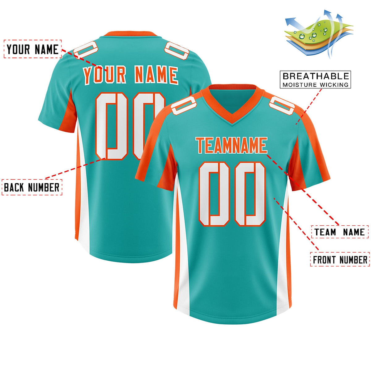 Custom Aqua Orange Side Stripe Pattern Authentic American Football Jersey