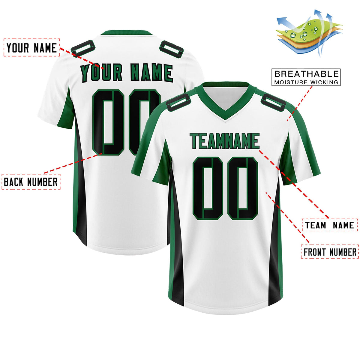 Custom White Kelly Green Side Stripe Pattern Authentic American Football Jersey