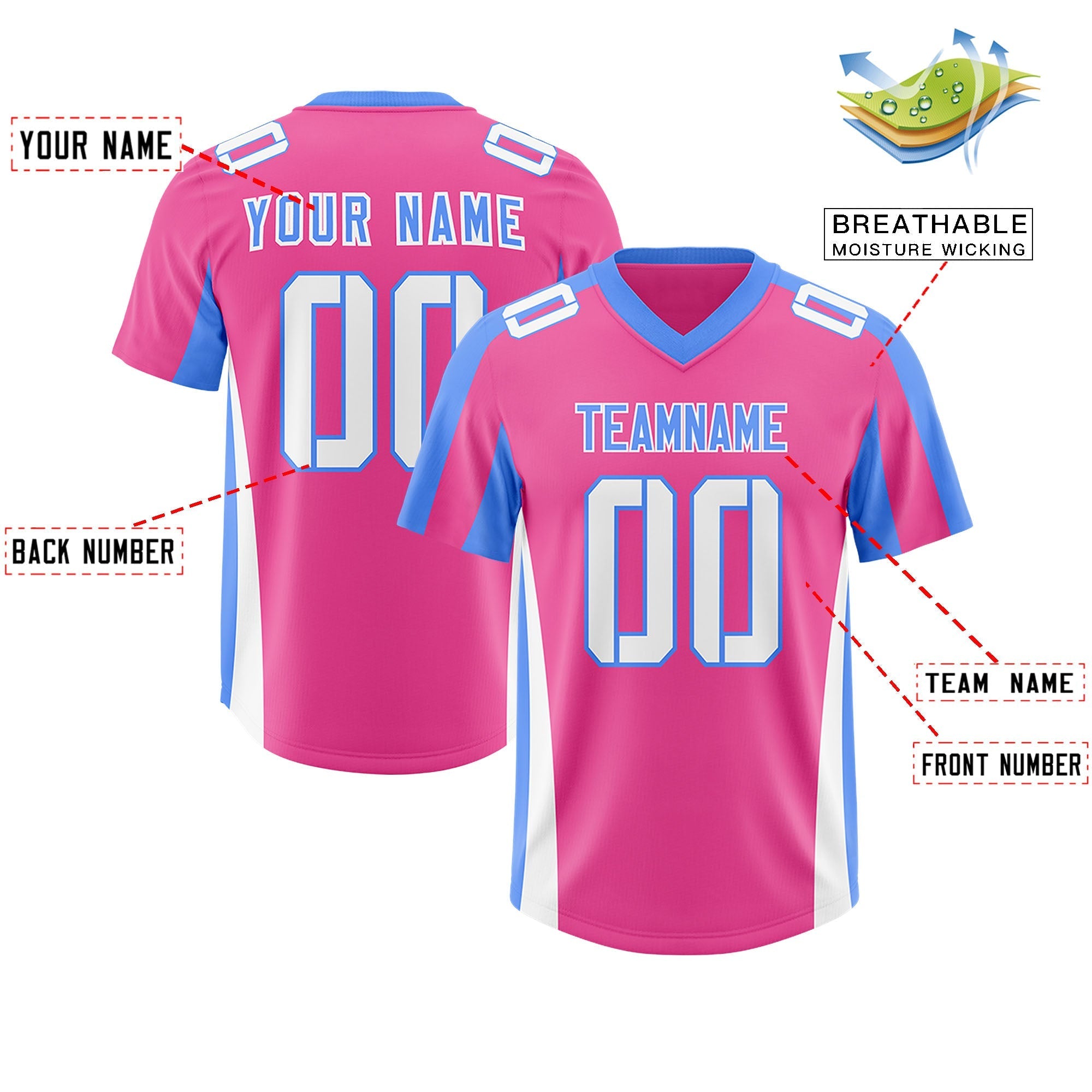 Custom Pink Powder Blue Side Stripe Pattern Authentic American Football Jersey