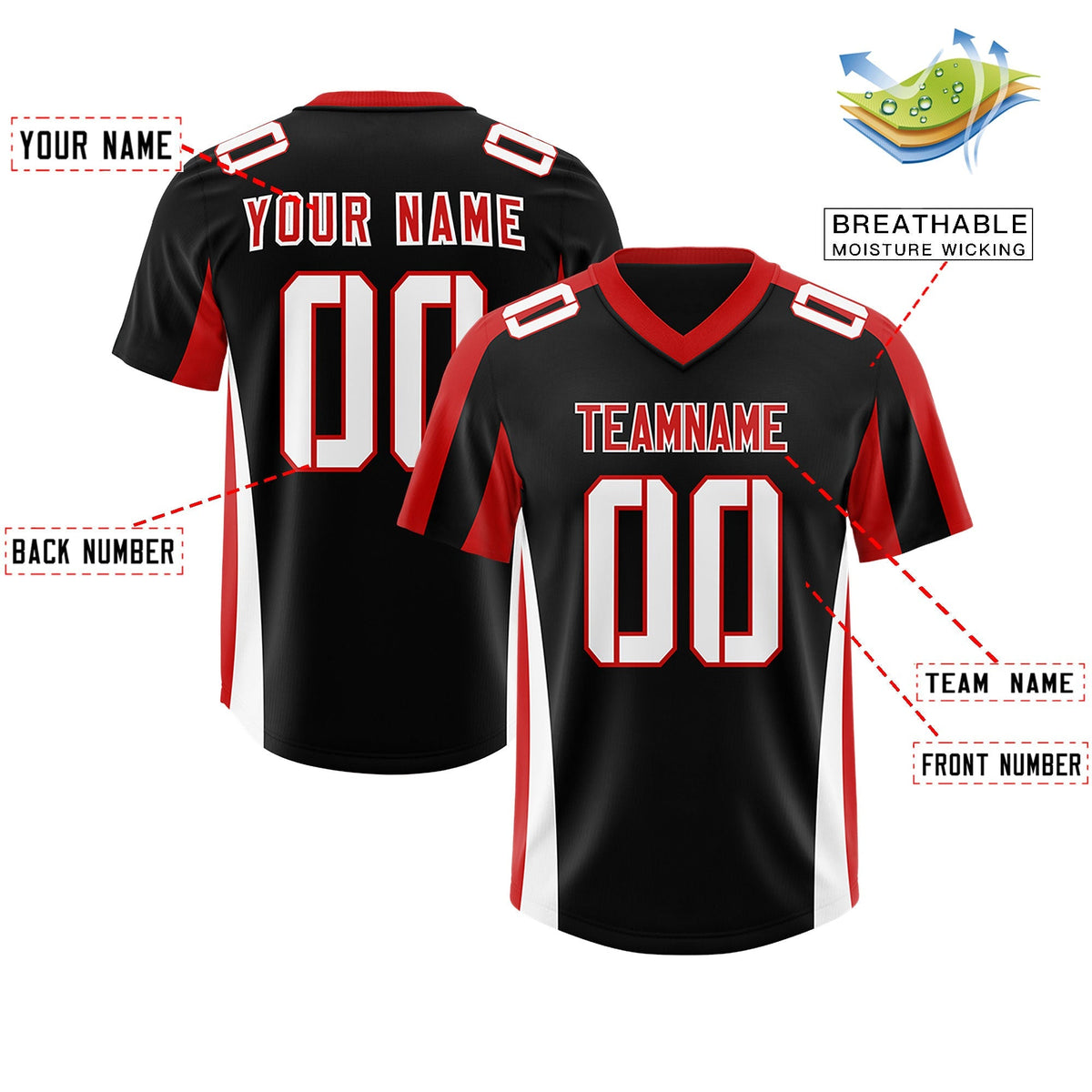 Custom Black Red Side Stripe Pattern Authentic American Football Jersey