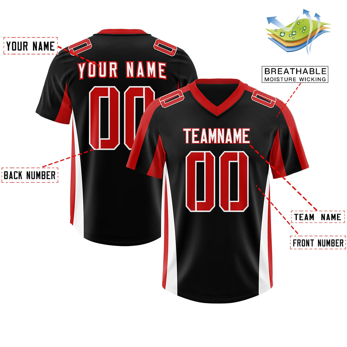 Custom Black Red Side Stripe Pattern Authentic American Football Jersey
