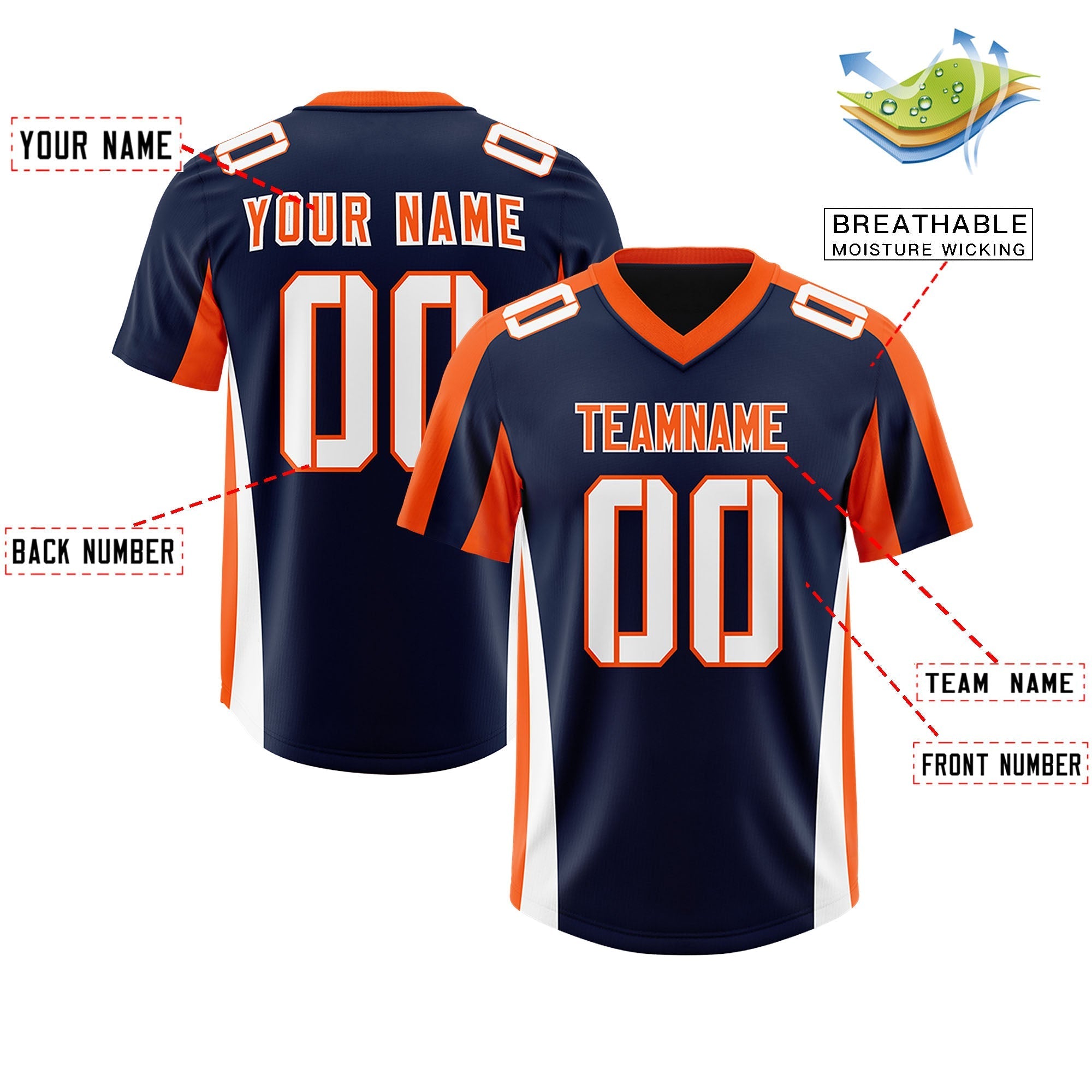 Custom Navy Orange Side Stripe Pattern Authentic American Football Jersey