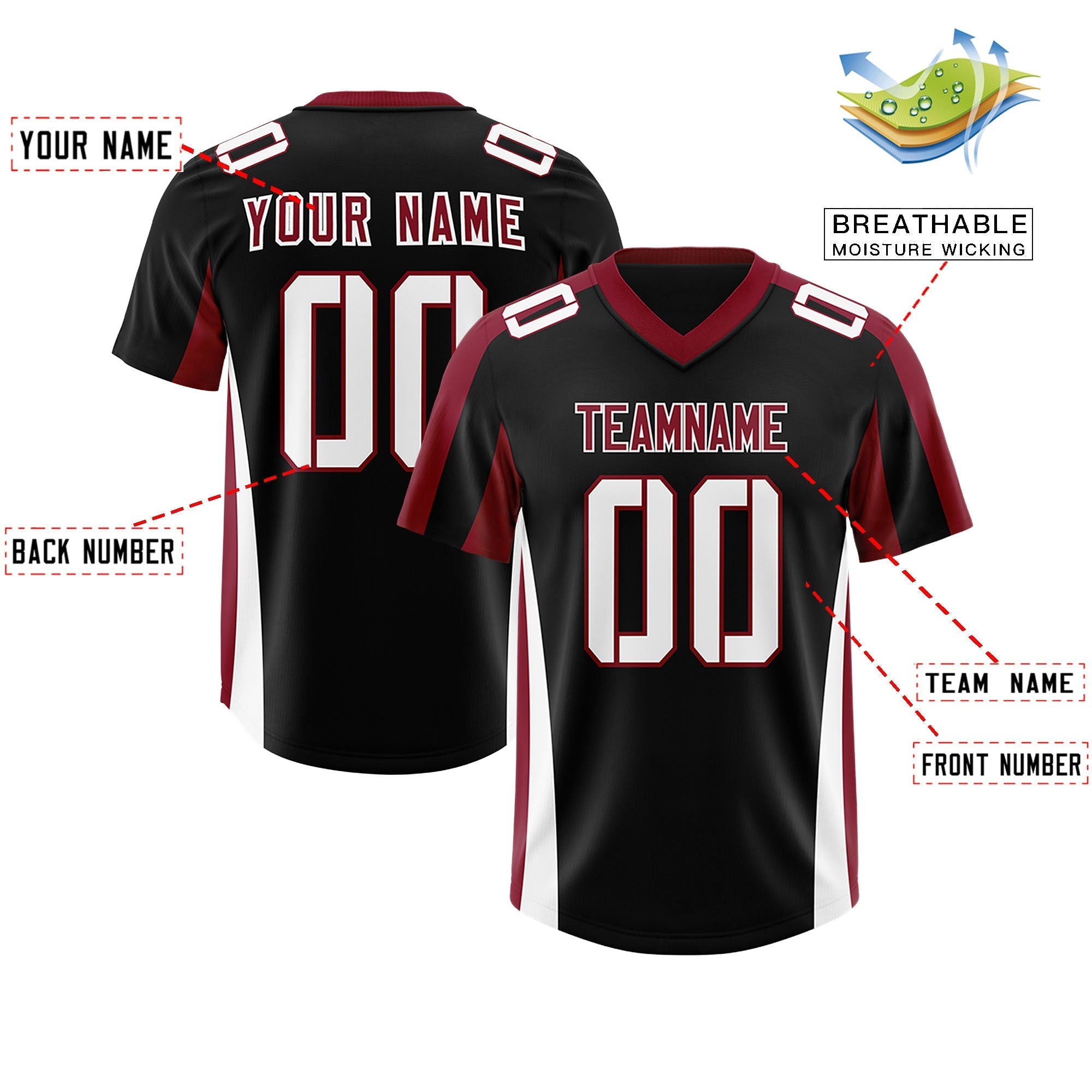 Custom Black Crimson Side Stripe Pattern Authentic American Football Jersey