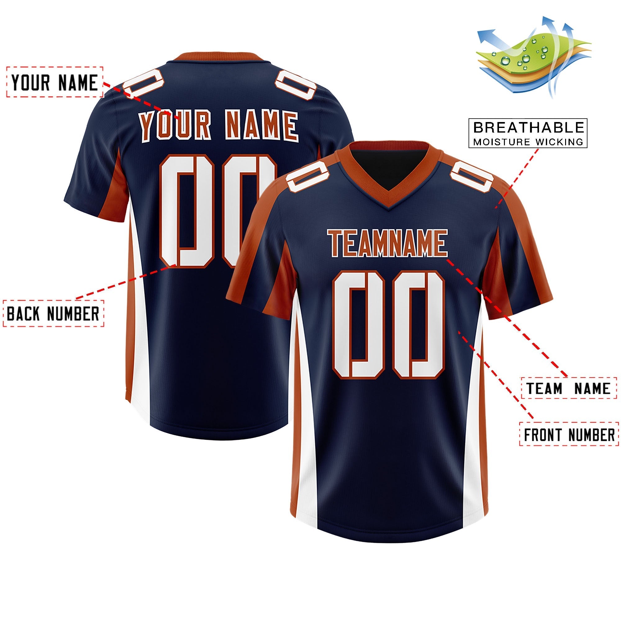 Custom Navy Texas Orange Side Stripe Pattern Authentic American Football Jersey