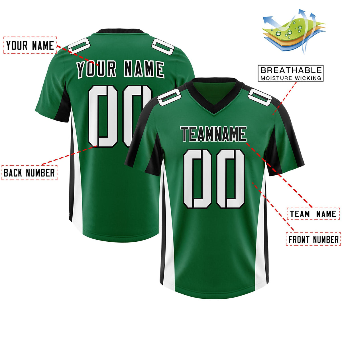 Custom Kelly Green Black Side Stripe Pattern Authentic American Football Jersey