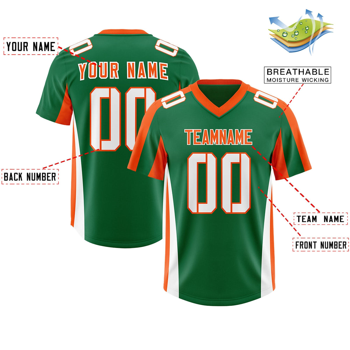 Custom Kelly Green Orange Side Stripe Pattern Authentic American Football Jersey