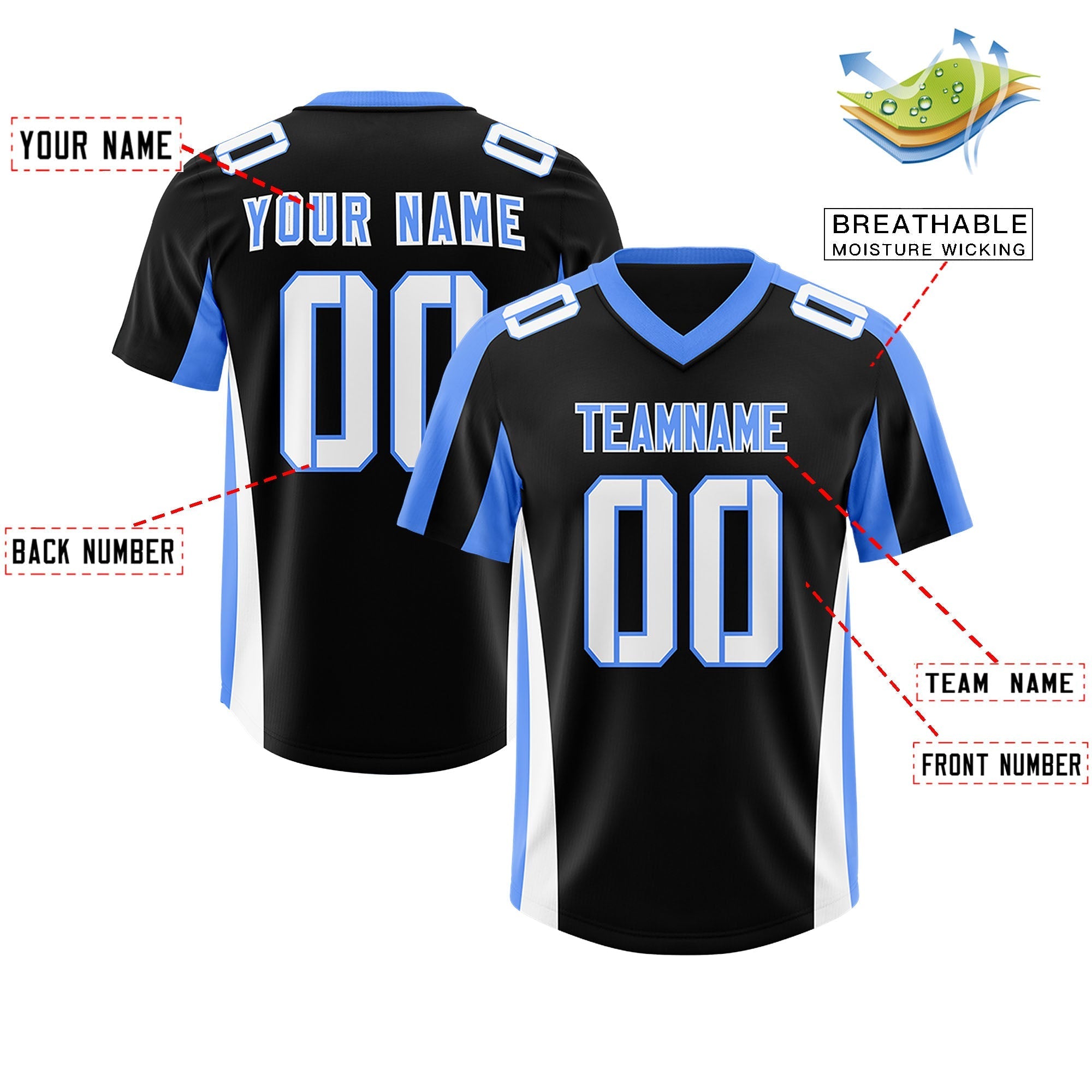 Custom Black Powder Blue Side Stripe Pattern Authentic American Football Jersey