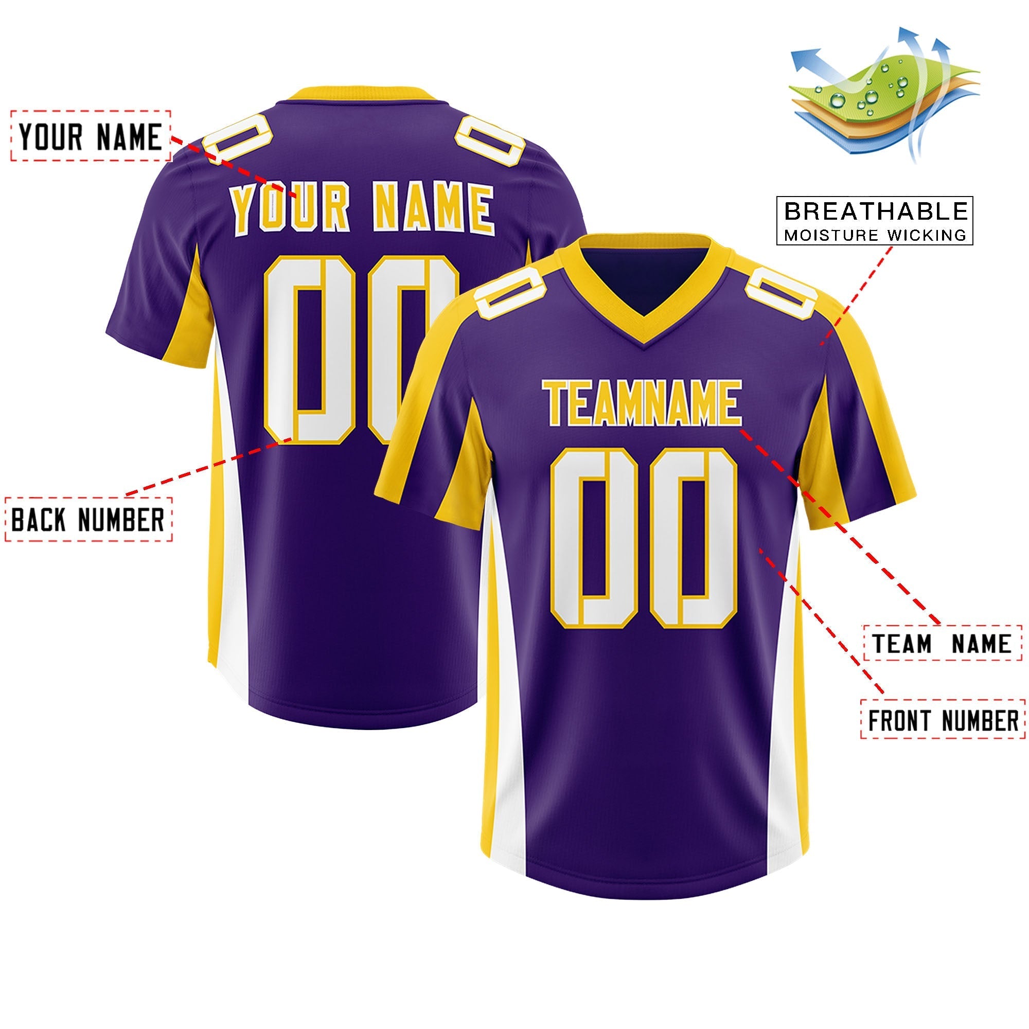 Custom Purple Gold Side Stripe Pattern Authentic American Football Jersey