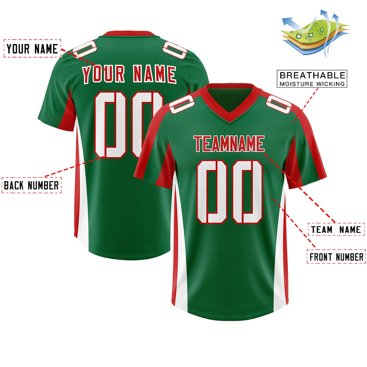 Custom Kelly Green Red Side Stripe Pattern Authentic American Football Jersey