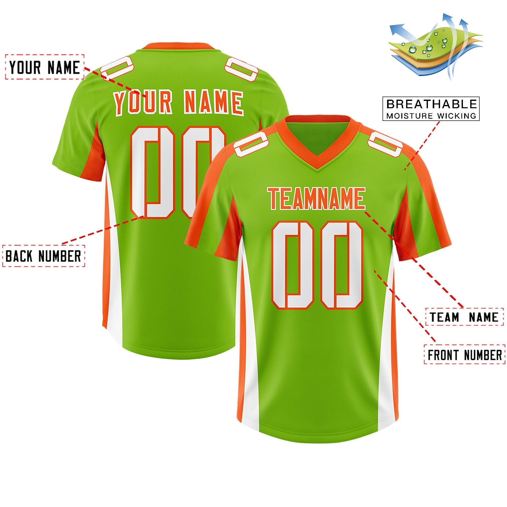 Custom Neon Green Orange Side Stripe Pattern Authentic American Football Jersey