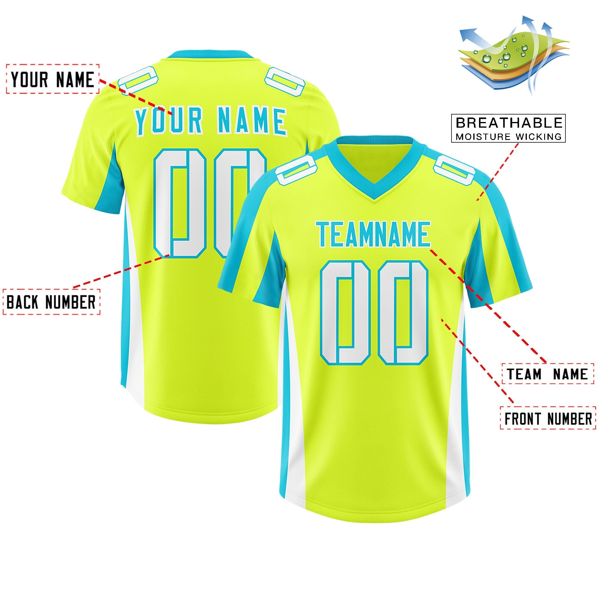 Custom Fluorescent Green Sky Blue Side Stripe Pattern Authentic American Football Jersey