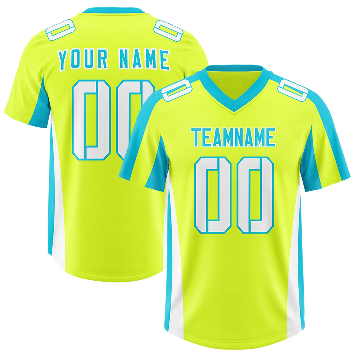 Custom Fluorescent Green Sky Blue Side Stripe Pattern Authentic American Football Jersey