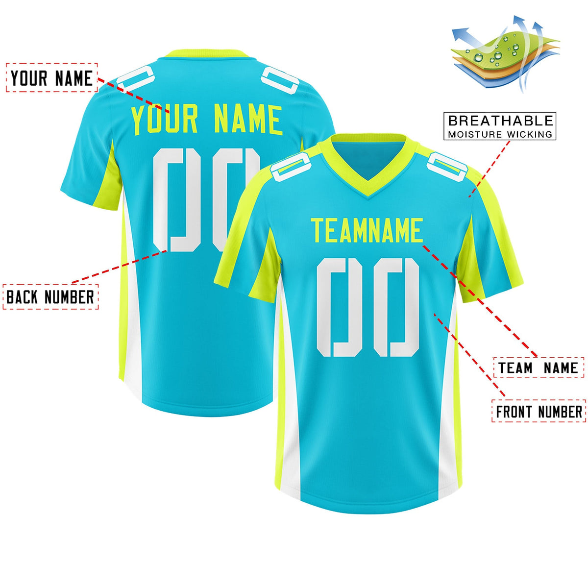 Custom Sky Blue Fluorescent Green Side Stripe Pattern Authentic American Football Jersey