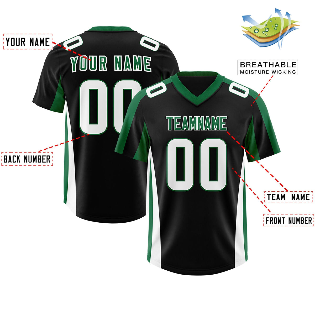 Custom Black Kelly Green Side Stripe Pattern Authentic American Football Jersey
