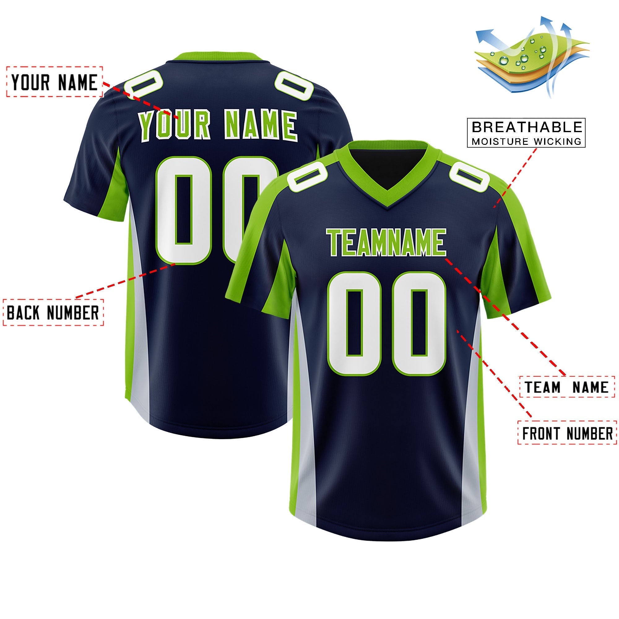 Custom Navy Neon Green Side Stripe Pattern Authentic American Football Jersey