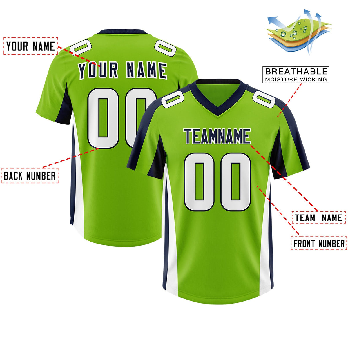 Custom Neon Green Navy Side Stripe Pattern Authentic American Football Jersey