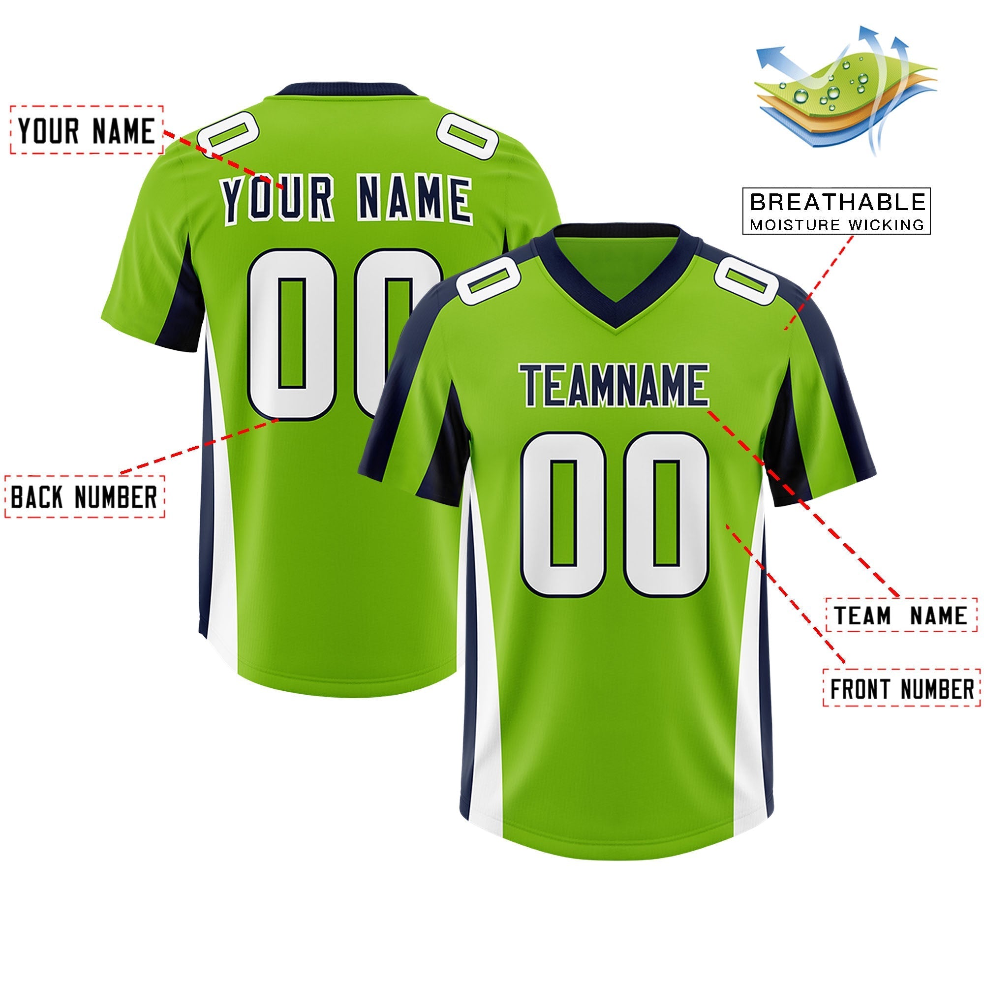 Custom Neon Green Navy Side Stripe Pattern Authentic American Football Jersey