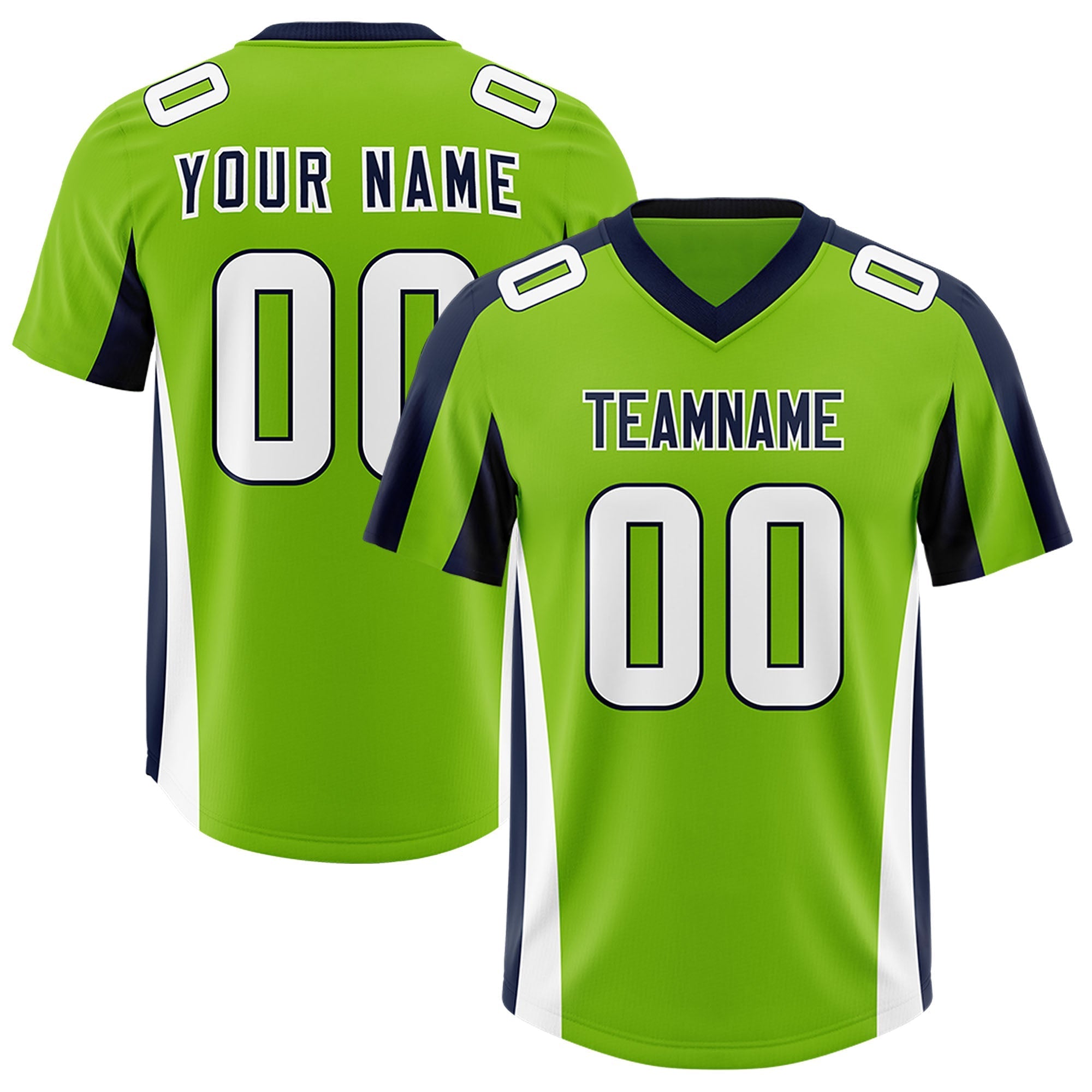 Custom Neon Green Navy Side Stripe Pattern Authentic American Football Jersey