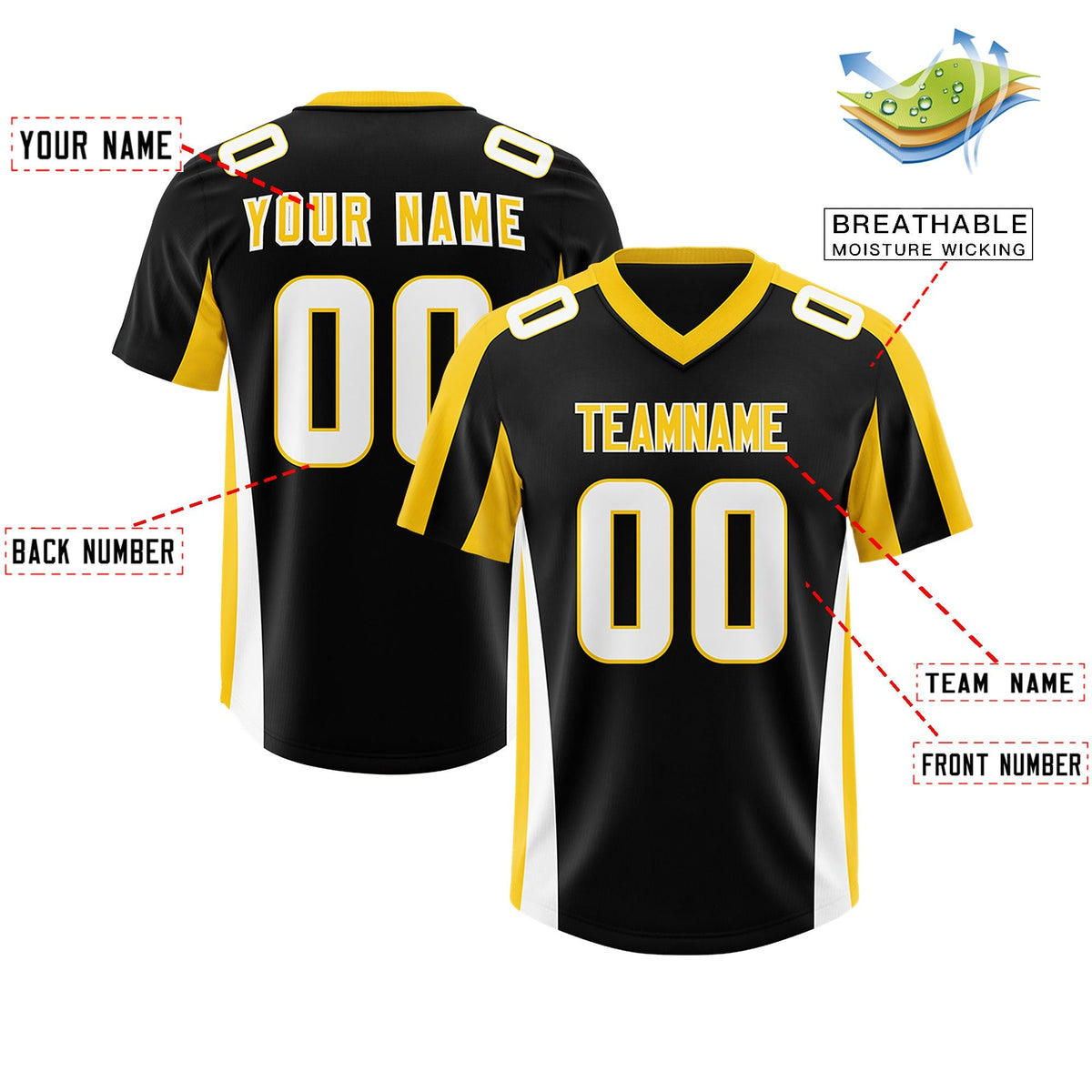 Custom Black Gold Side Stripe Pattern Authentic American Football Jersey